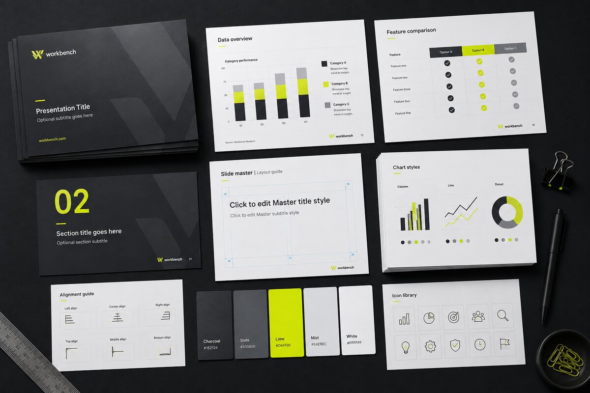 Workbench PowerPoint template system, slide master, section layouts, chart styles, alignment guides and icon library