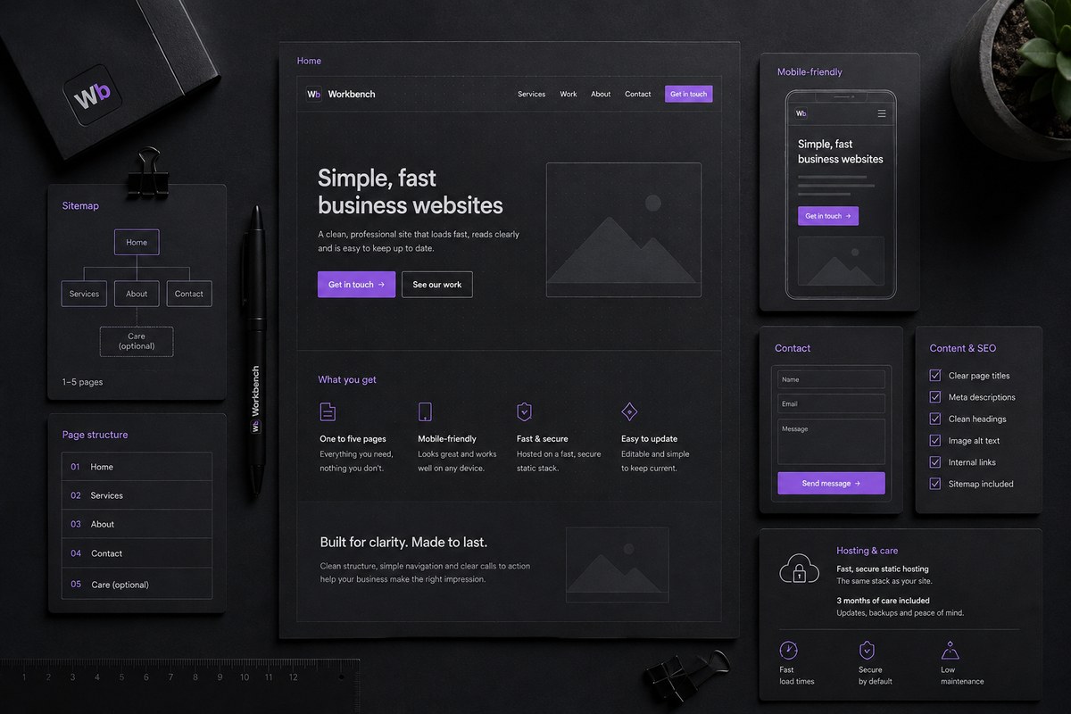 A clean, fast small business website with a simple layout and mobile view