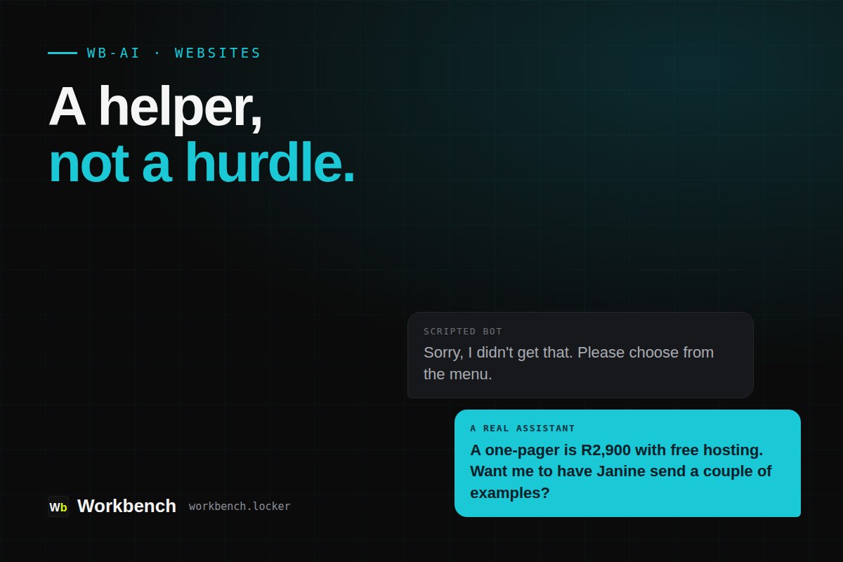 A scripted chatbot giving a dead-end reply beside a helpful AI assistant answering a real question on a small business website