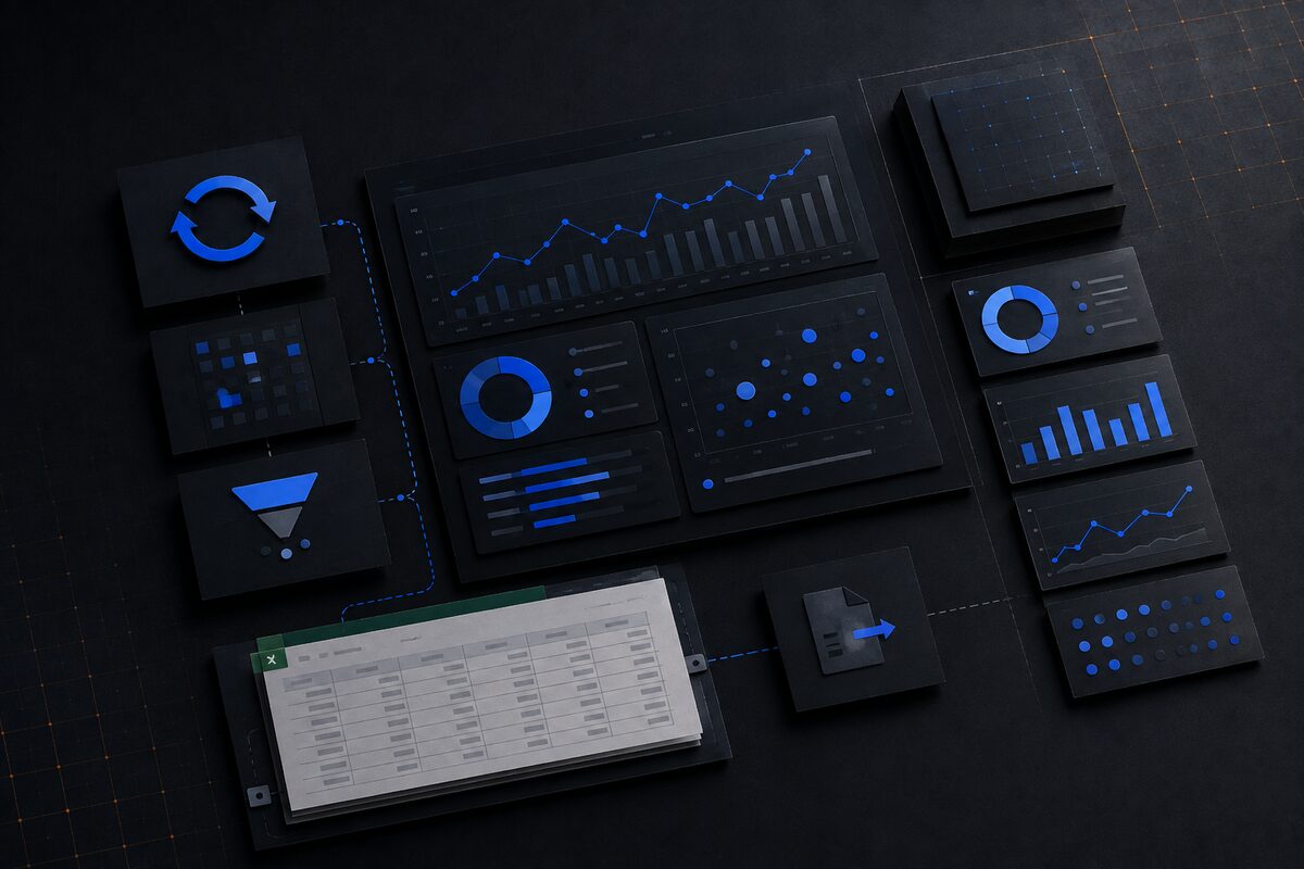 Workbench self-refreshing Excel dashboard, KPI tiles and charts