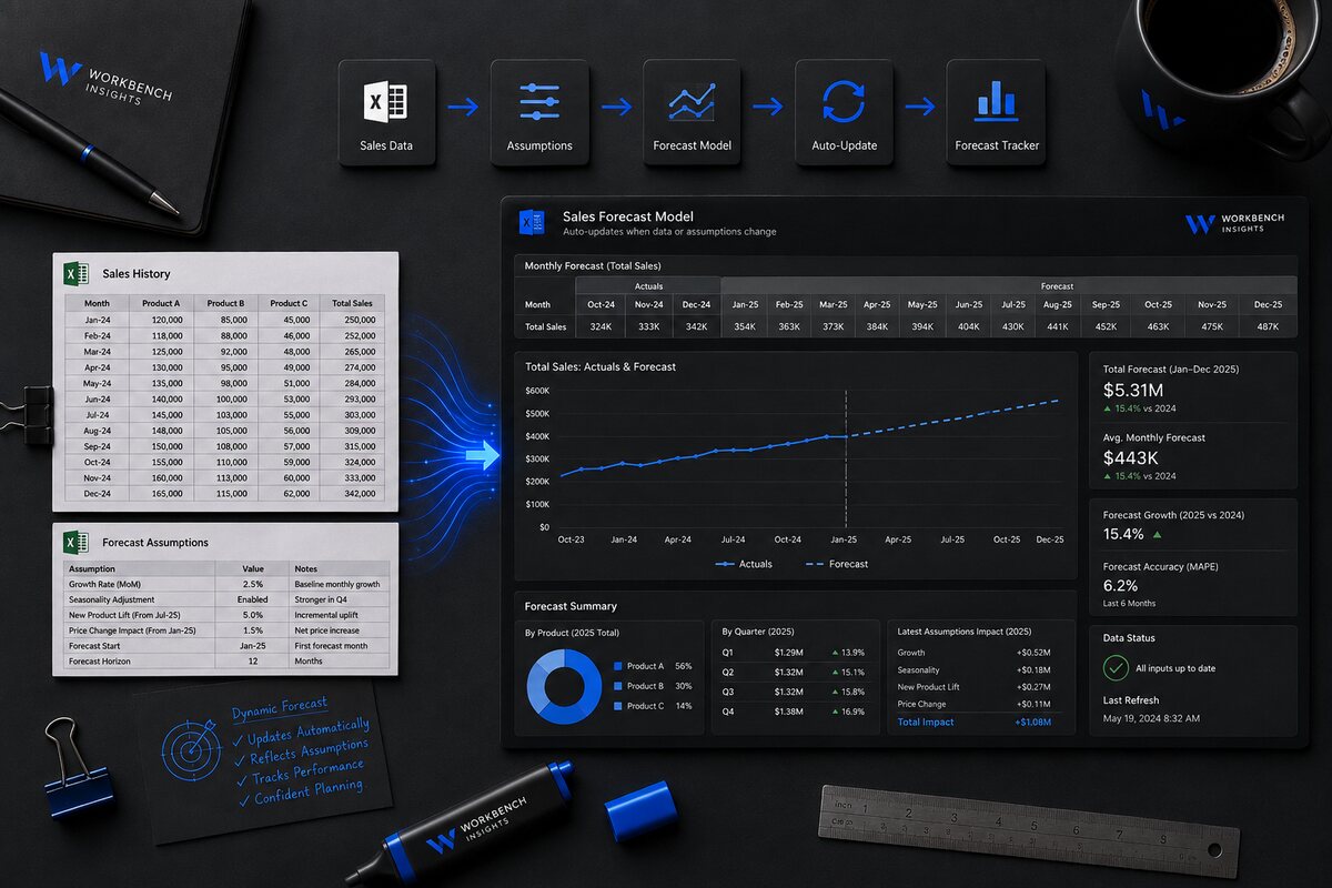 Workbench sales-forecast dashboard, sales data flowing into an auto-updating forecast model