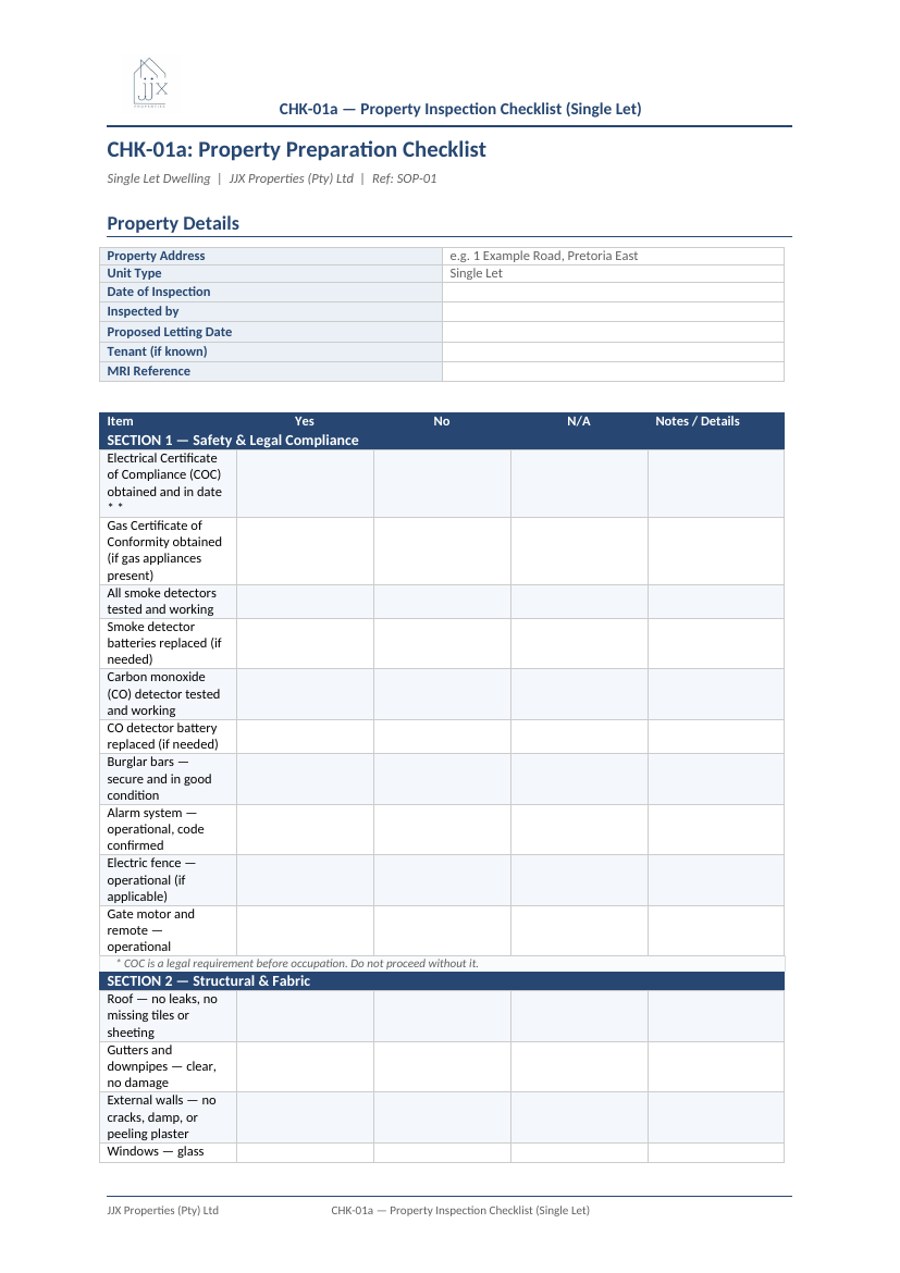 Property preparation checklist with safety, compliance and condition items
