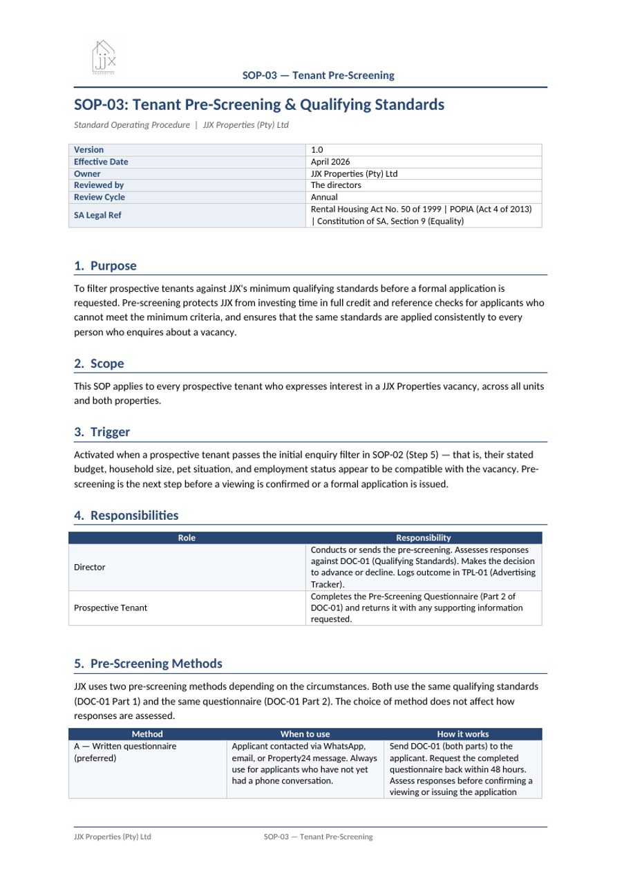 Tenant pre-screening standard operating procedure for a property-letting business